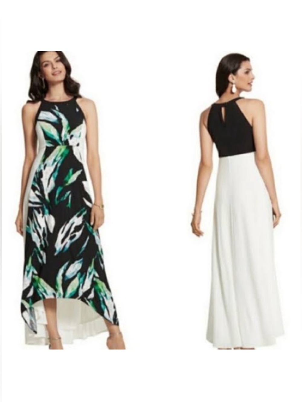 Chico's Black & White Maxi Dress with Green Leaf Print hi / low style size 1